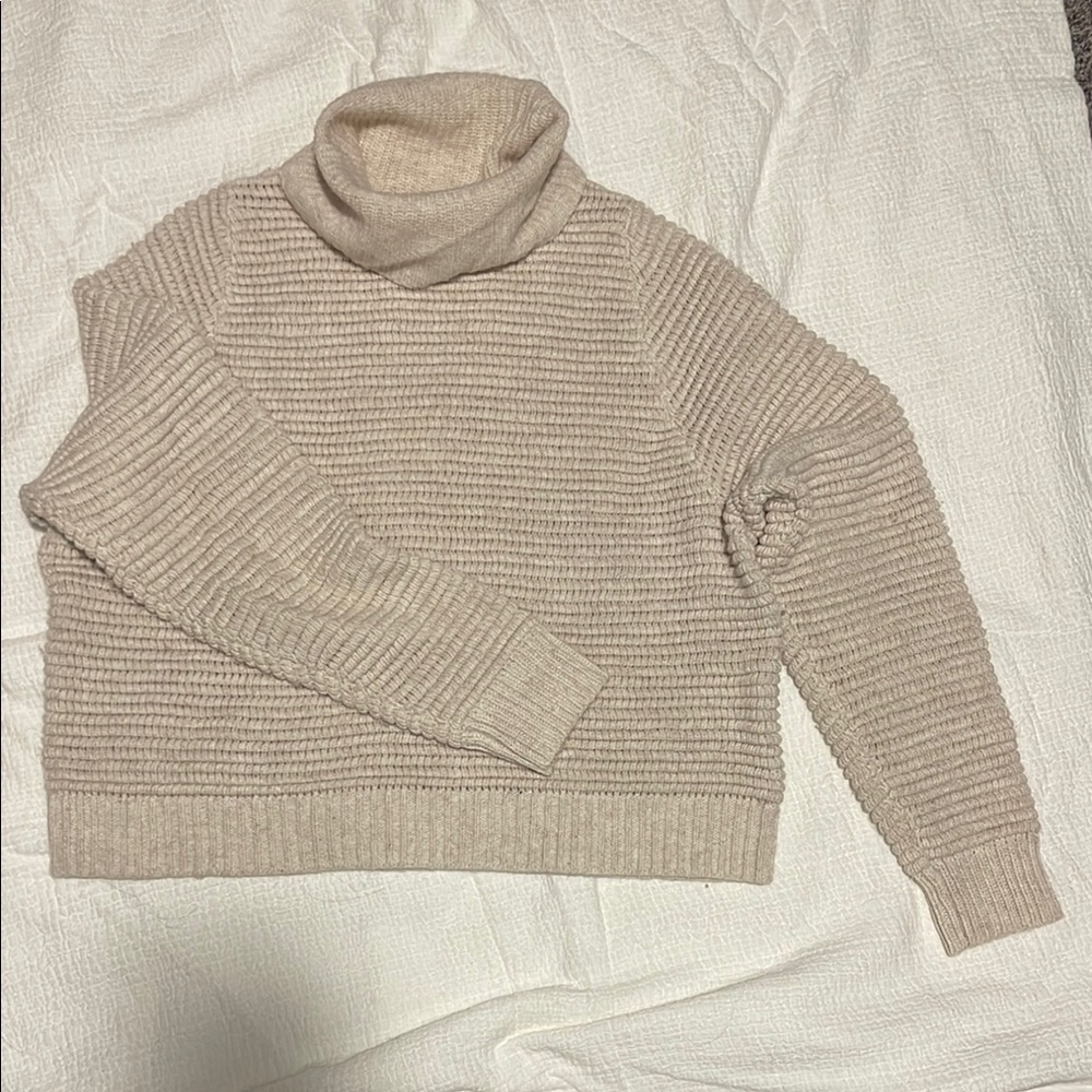 Cream Cowl Neck Sweater with Ribbed Knit and Cropped Fit